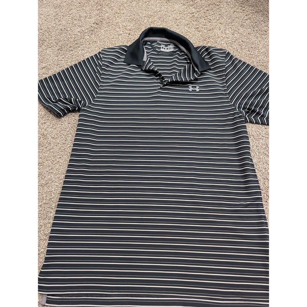 Under Armour Men’s M Performance Golf Polo Shirt Black White Stripe UA HeatGear